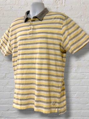 Linksoul Mens L Striped Polo Shirt Gray Yellow Cotton Golf Casual Beach